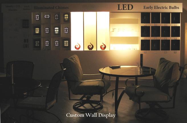 Custom showroom wall display comparing LED and early electric bulbs