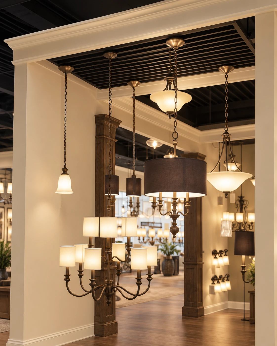 Showroom display inspiration with elegant chandeliers and pendants suspended from a cream architectural display frame